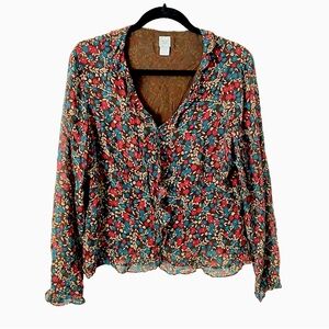 100% Silk Garnet Hill Boho Indie Floral Print Blouse Top Long Sleeve Shirt